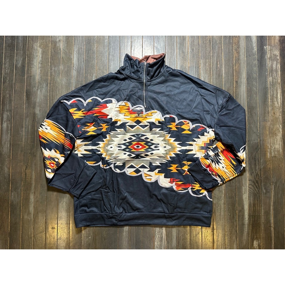 Mens Aztec Print Quarter Zip Pullover Sweatshirt Southwestern Geometric Navy